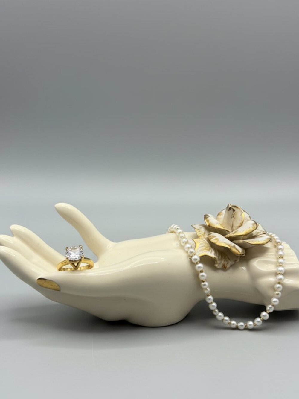 Vintage Mid-Century Porcelain Hand Jewelry Holder Ring Tree Vase Rose Gold Gilt